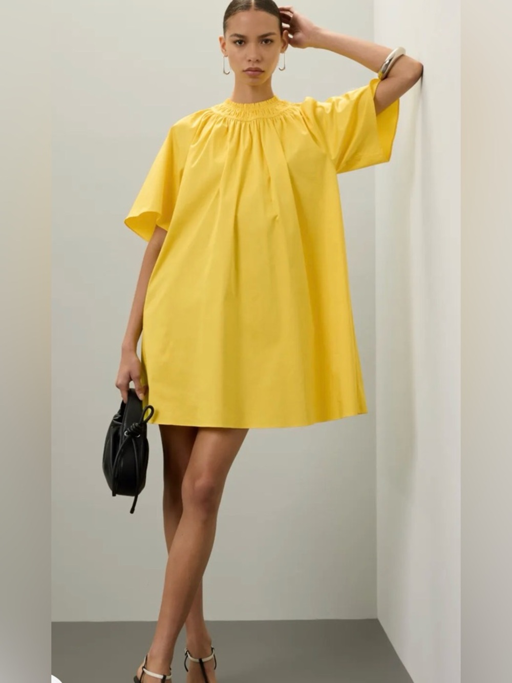Roksanda Bright Yellow Smocked Neck Short Dress with Black Tie Back